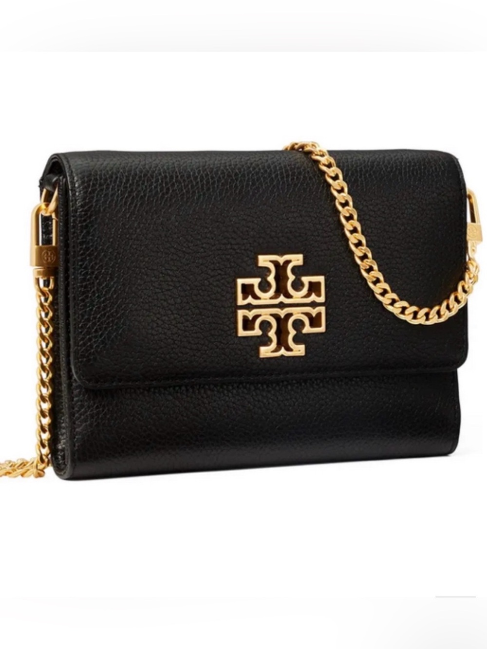 Tory Burch Black Leather Crossbody with Gold Logo and Chain